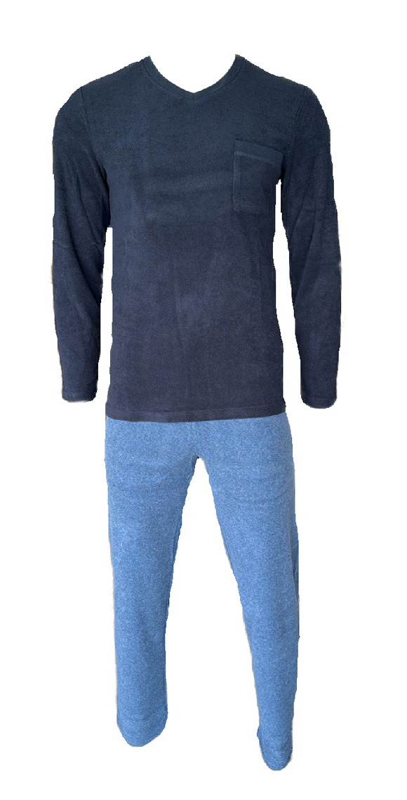 Herren Frottee Pyjama Schlafanzug Langarm 2-Teilig Navy/Blau Gr. M L