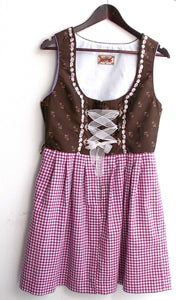 Damen Trachten Dirndl ärmellos braun, Rock lila kariert Gr. 40 v. Stockerpoint