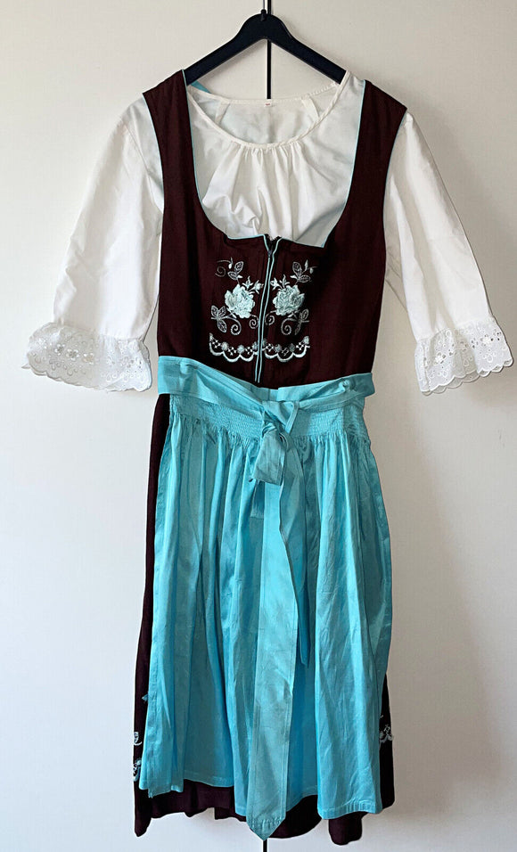 Damen Trachten Dirndl Bluse Schürze Braun/Türkis Gr. 40